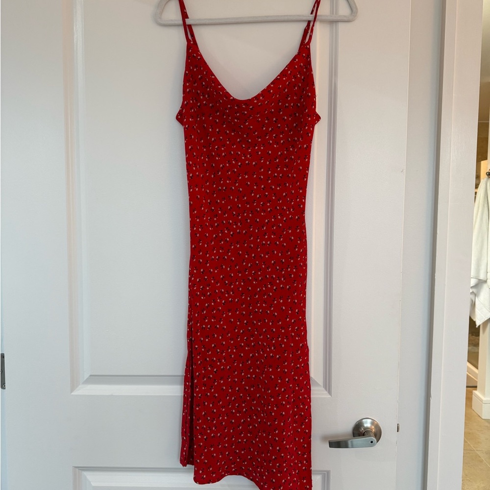 Red Floral Slip Midi Dress with Spaghetti Straps